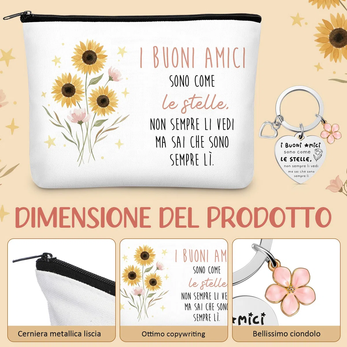 Xuniea 3 Pezzi Set di Regali per Amica Natale 1 Portachiavi di Scritta Buoni Amici 1 Borsa Cosmetica per Amiche 1 Borsa di Tela Tote Bag Pochette Portatrucchi Regalo di Ringraziamento Donna Compleanno