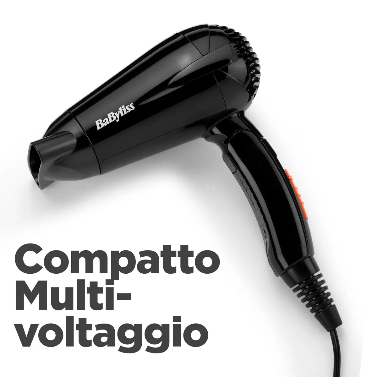 BaByliss Asciugacapelli da viaggio, leggero e potente, 2000W, Doppio voltaggio, utilizzo universale, 2 temperature/velocità, nero/arancione, 5344E
