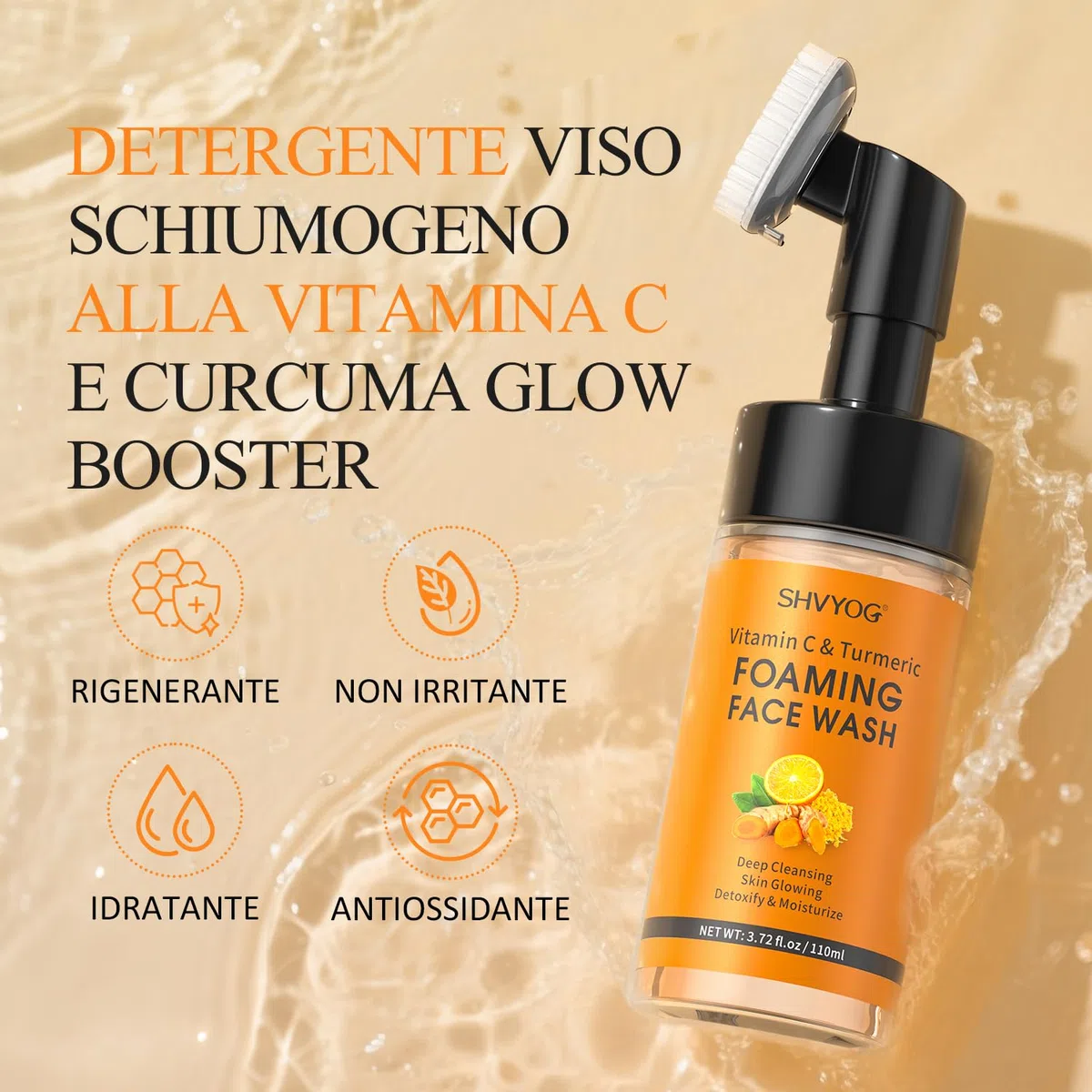 Vitamina C Curcuma Schiuma per la pulizia del viso con spazzola, pulizia della pelle, idratante, esfoliante viso curcuma contro macchie scure, tono della pelle irregolare