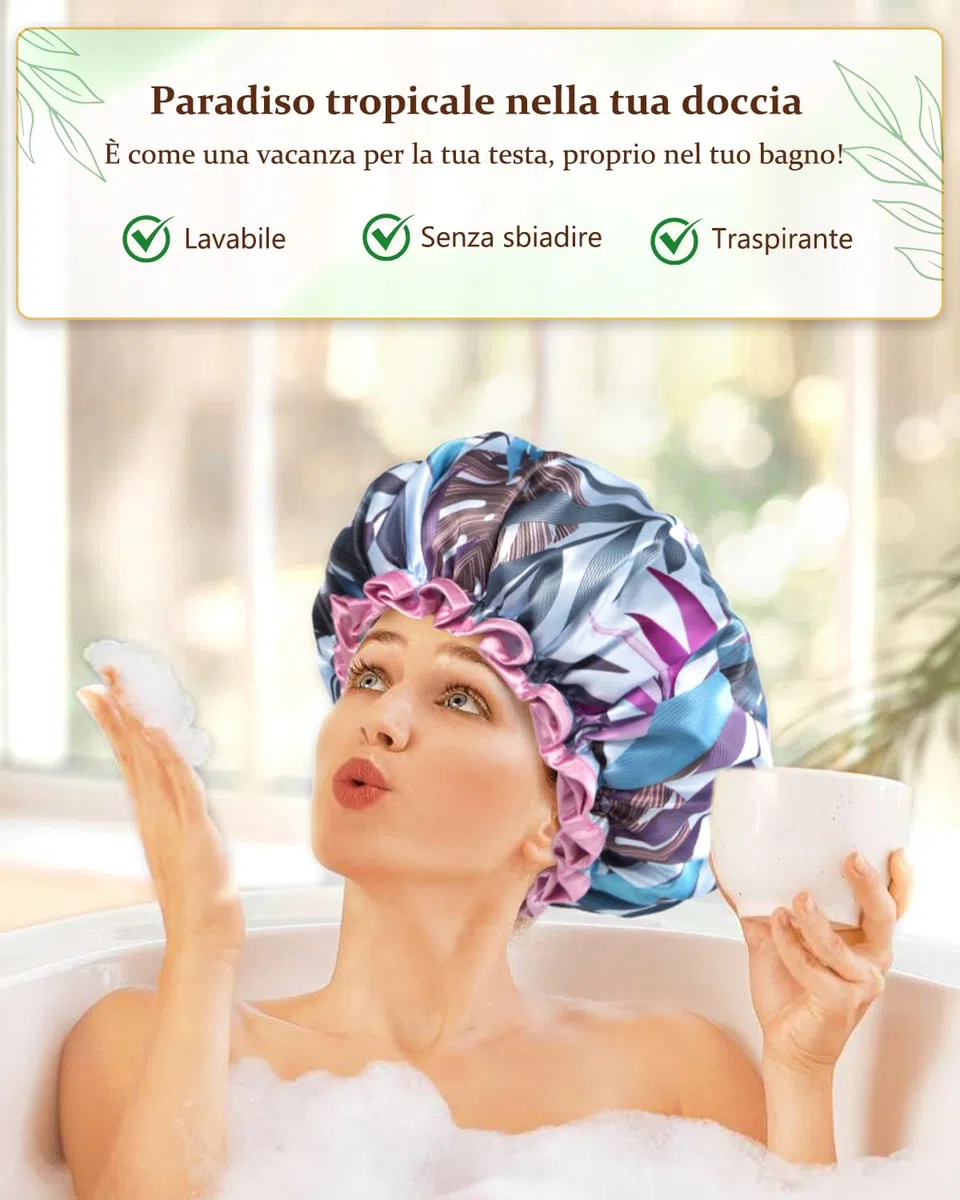 mikimini Cuffia Doccia Donna Capelli Lunghi, Riutilizzabile Impermeabile Cuffia da Bagno con Design Tropicale Extra Large Elastica Cuffia da Doccia per Capelli Spessi