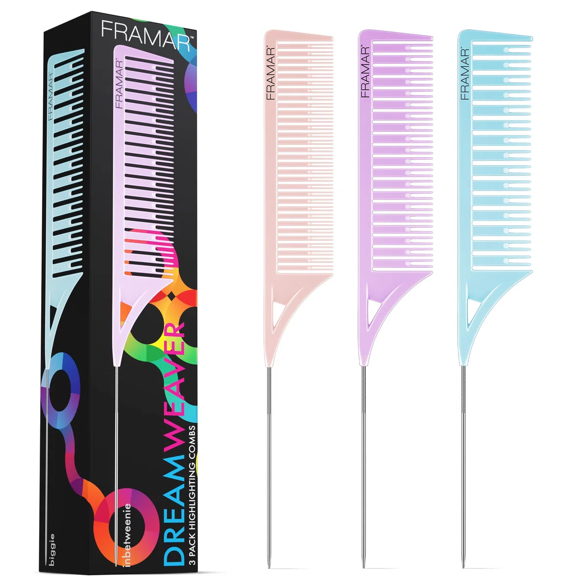 FRAMAR Dreamweaver Set di pettini per highlighter – Pettine per capelli a coda di topo con coda in metallo, pettine per parrucchiere, pettine a coda di spillo – Confezione da 3 pastelli