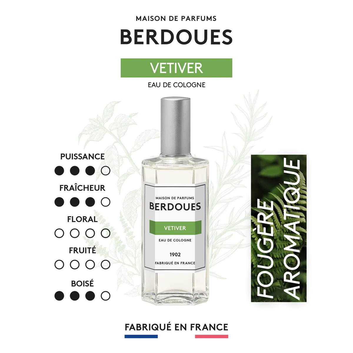 BERDOUES 1902 Eau de Colonia Vetiver, Fresca e Aromatica Made in France, Profumo Donna e Uomo, Verbena, Rosmarino, Vetiver, Ricarica 245ml