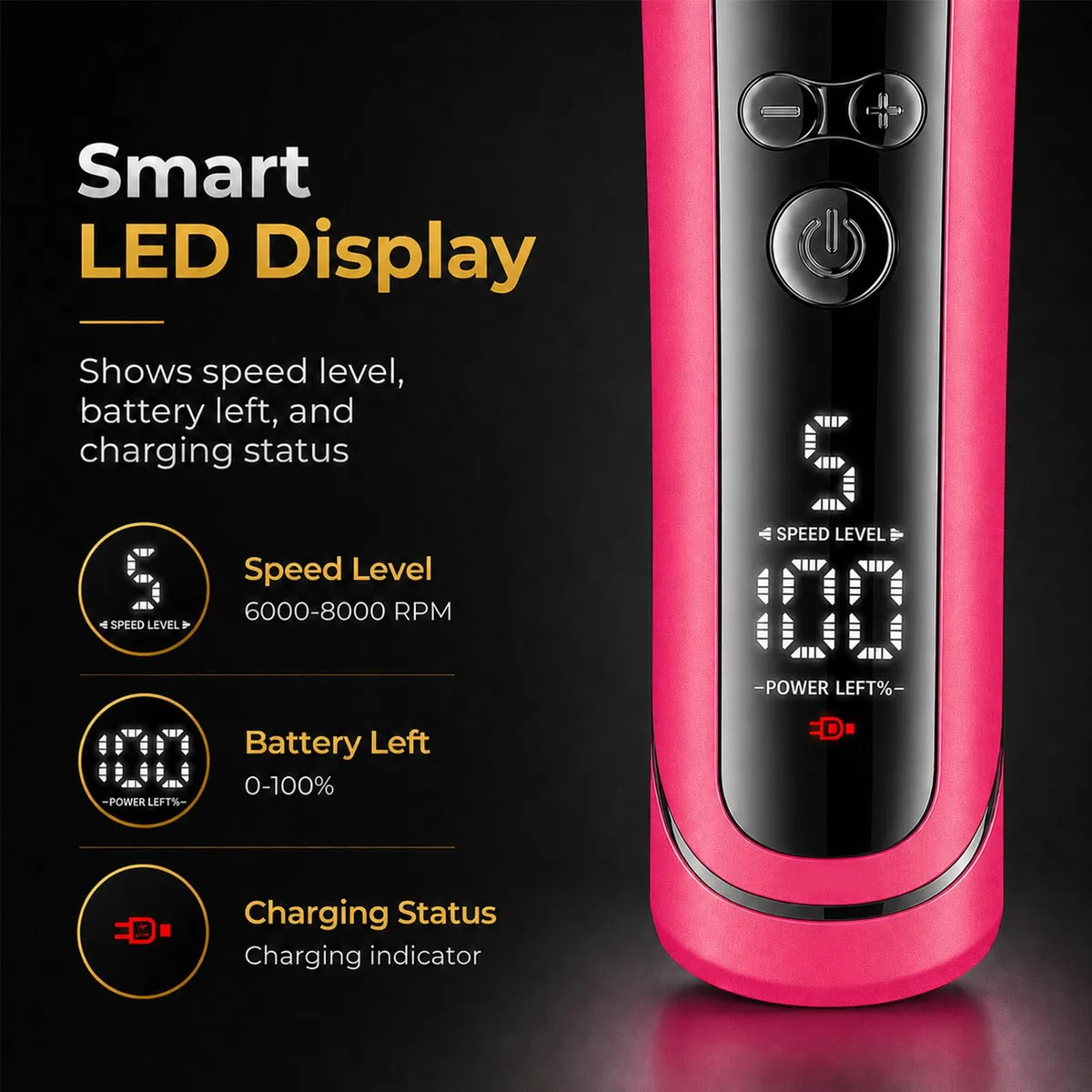 VGR 199 Tagliacapelli professionale senza fili per uomo, 5 velocità, display a LED, ricaricabile con base di ricarica e 6 pettini guida – Kit da barbiere per la casa, rosa