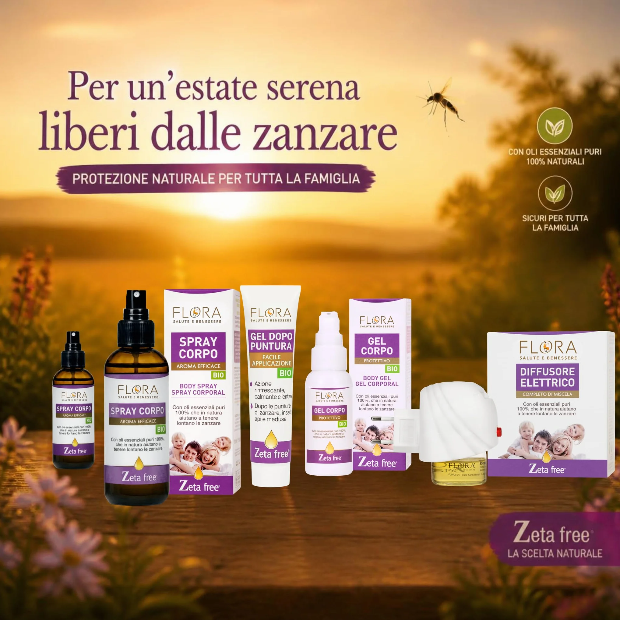 FLORA Spray Corpo Aroma Efficace Zeta free BIO 100 ml Per un’estate serena liberi dalle zanzare Azione protettiva e rinfrescante