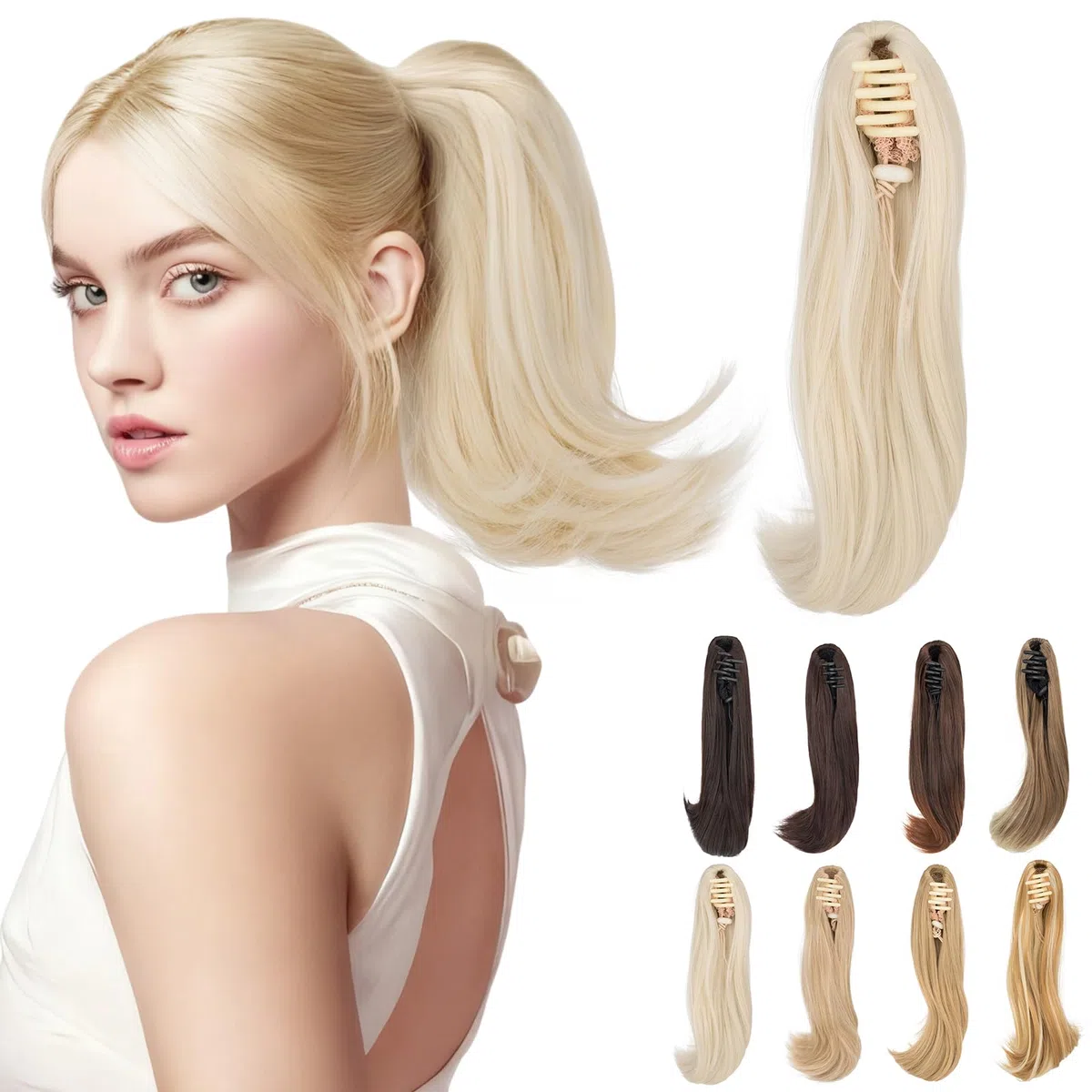 Elailite Extension Coda Capelli Lisci Coda Finta di Cavallo con Pinza Biondo Platino​ Quick-clip Ponytail Punte Ondulate 30cm 80g