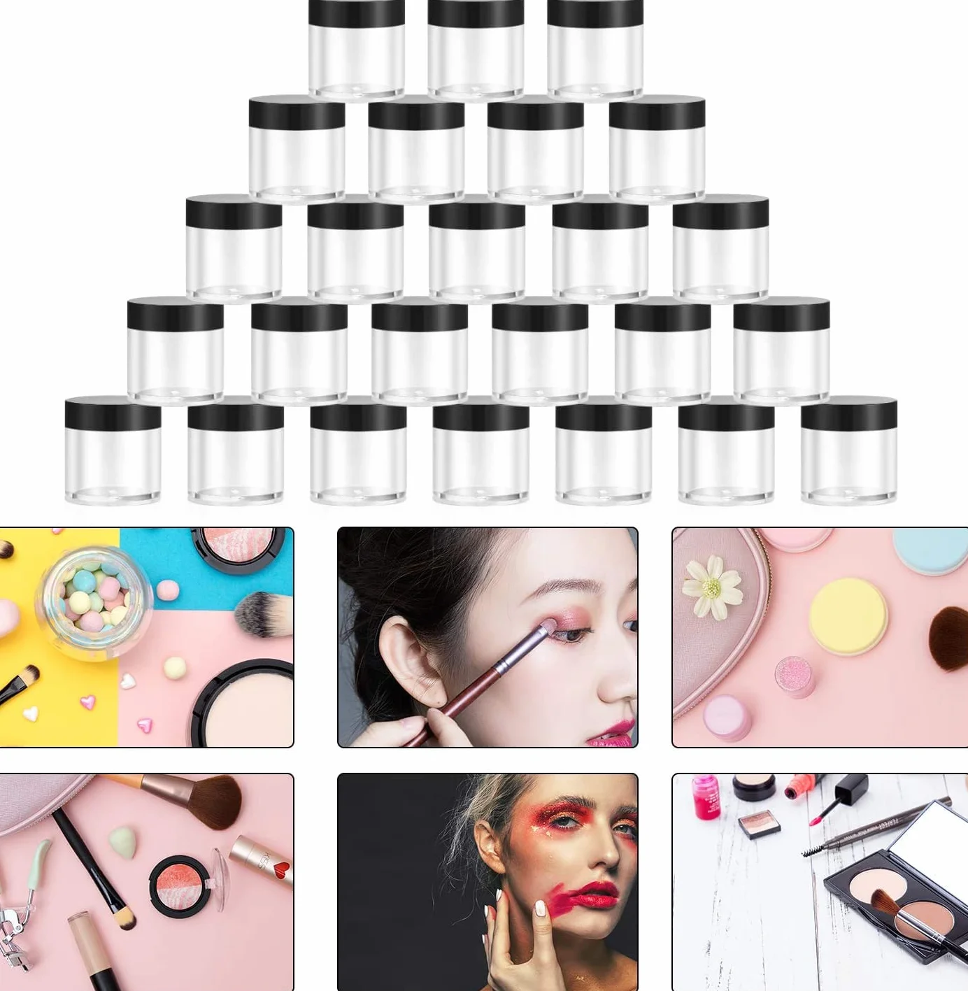 30 Pezzi Vasetti Plastica, 10g Contenitori Barattolo Cosmetici Vuoto Trasparente, Viaggio Contenitore Piccoli per Creme Barattolini Candele Campione, con 3 Pezzi Spatola (nero)