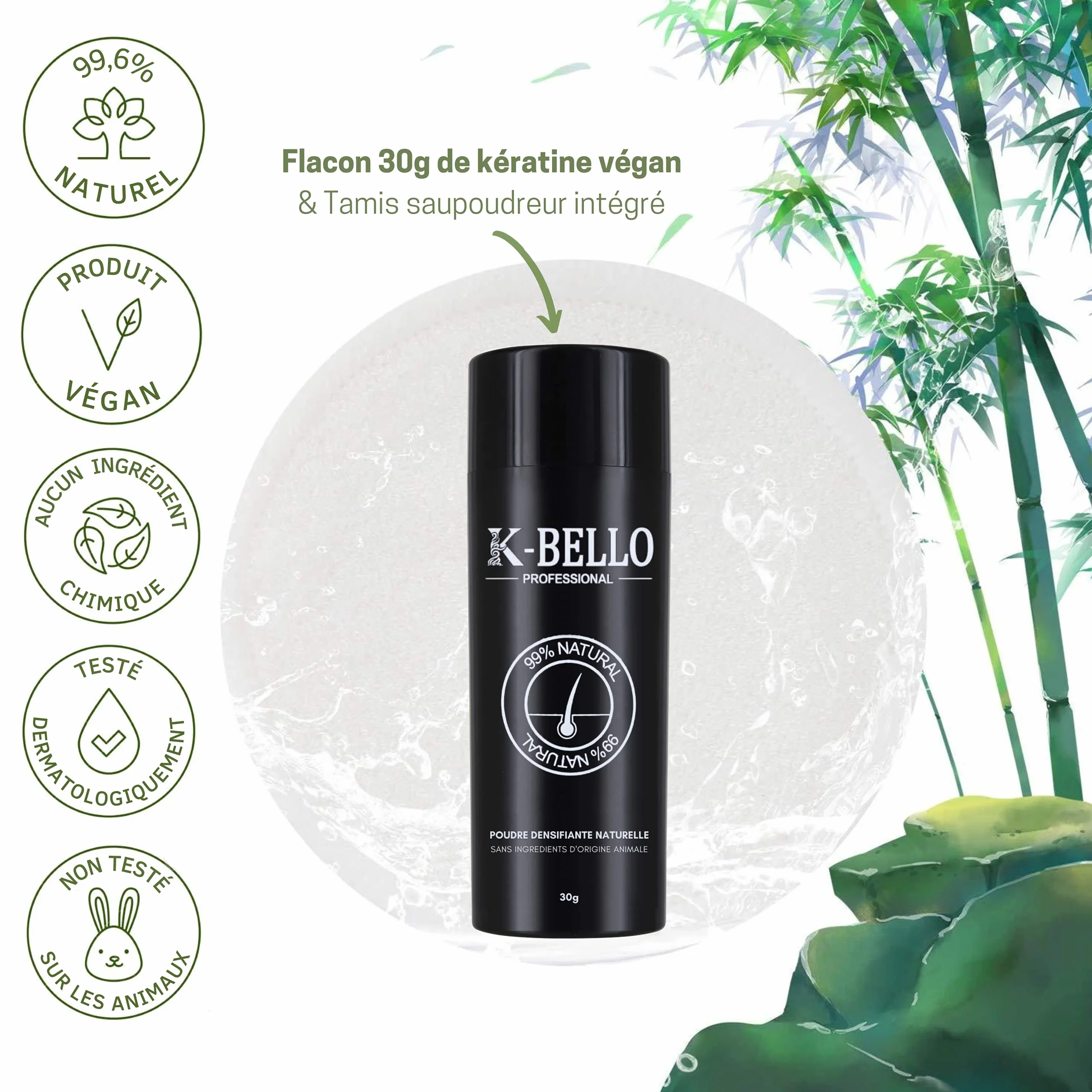K-BELLO Fibre di cheratina Naturale e Vegan - Polvere anti diradamento per capelli fini, la calvizie e dare volume istantaneo - per Uomo e Donna (30g, Castano Scuro)