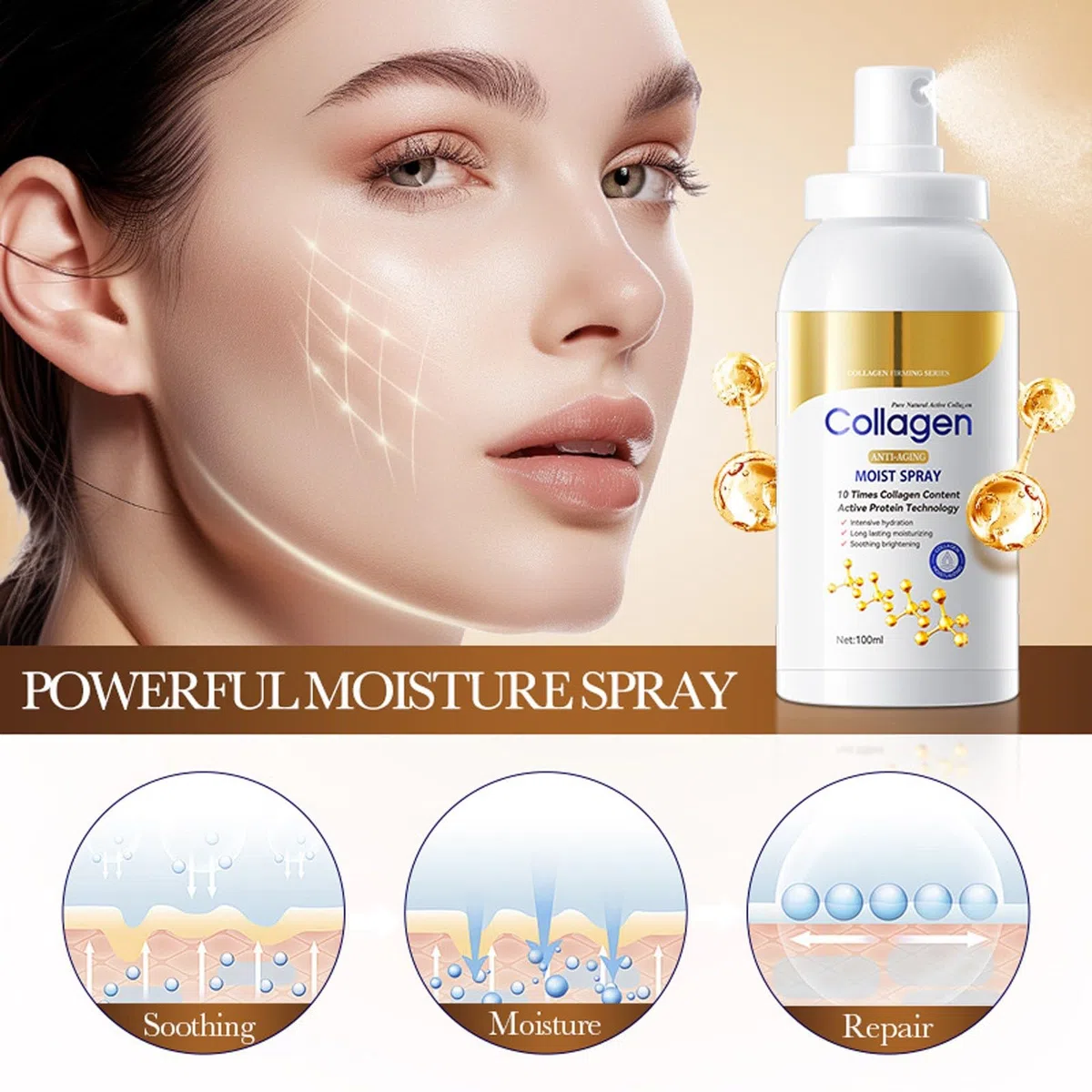 Collagen Siero spray per viso, spray per collagene con acido ialuronico, idratazione istantanea di plumping per corpo e viso, anti-rughe e anti-invecchiamento, tutti i tipi di pelle