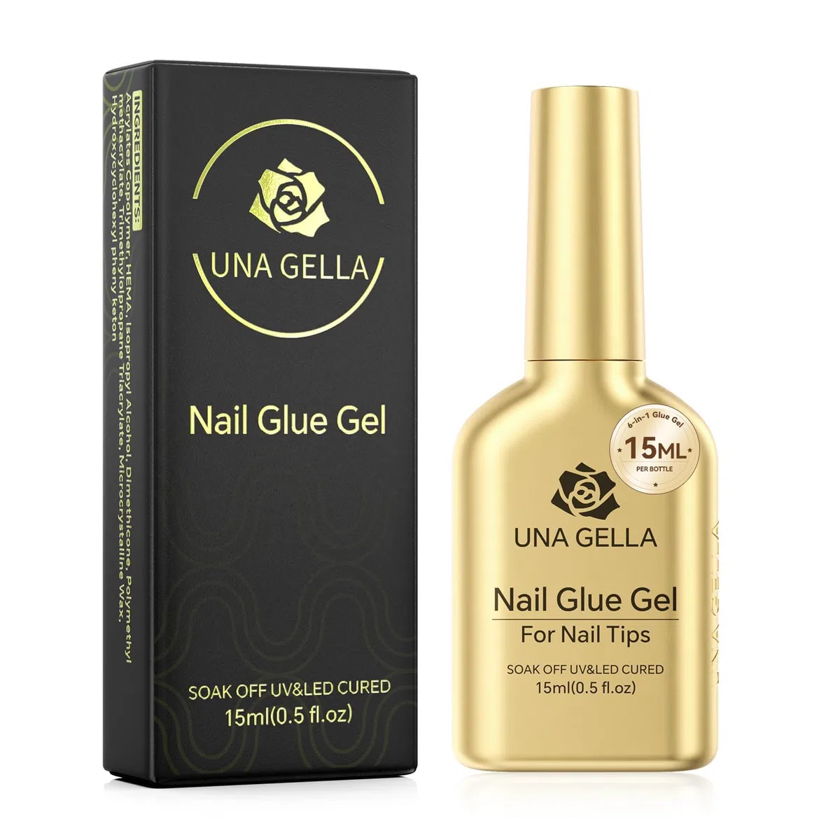 UNA GELLA Colla gel per unghie 6 in 1 per unghie acriliche trasparenti, colla UV da 15 ml, pennello super resistente per base coat, unghie finte trasparenti e punte in gel morbido per polimerizzazione