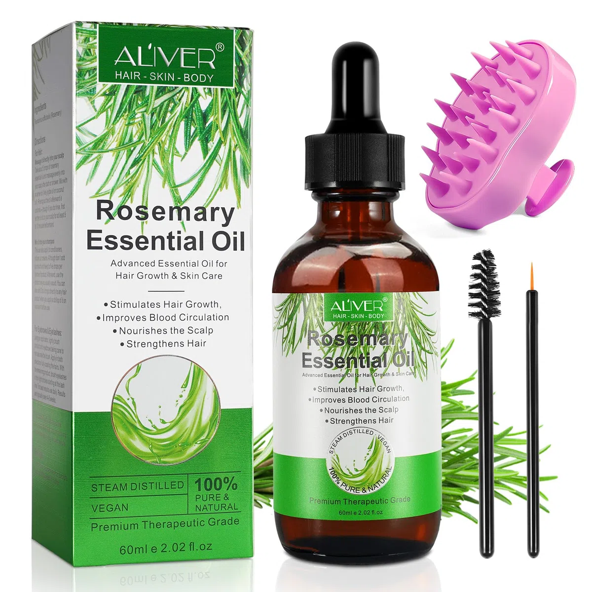 Olio di rosmarino per la crescita dei capelli 60ML - Premium naturale per la perdita di capelli secchi e danneggiati per donne e uomini con massaggiatore del cuoio capelluto in silicone