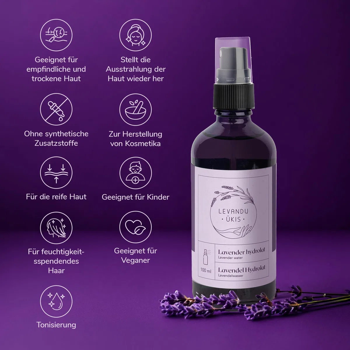Idrolato Lavanda 100% Naturale per Viso e Bambini, Tonico Lenitivo Spray Biologico per Pelle Sensibile, Acqua Floreale Distillata 100ml - Levandu Ukis