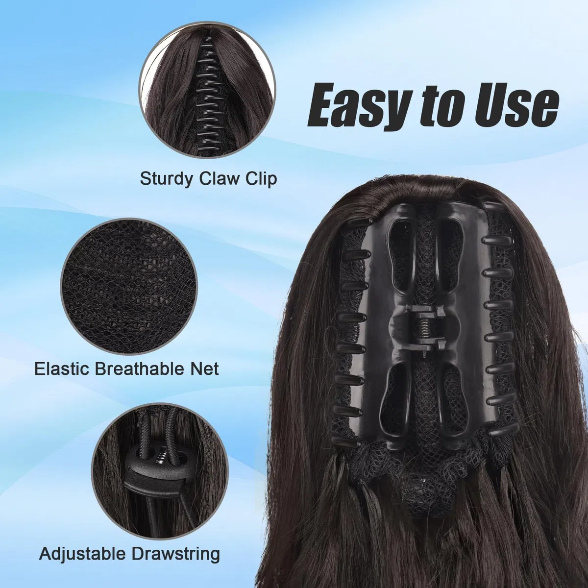 Extension Capelli con Pinza Coda di Cavallo - Capelli Sintetici Ondulati Naturali 63cm per Donne, Code Finta Posticcio Nero Marrone - Facile da Indossare per Serata Matrimonio Giorno