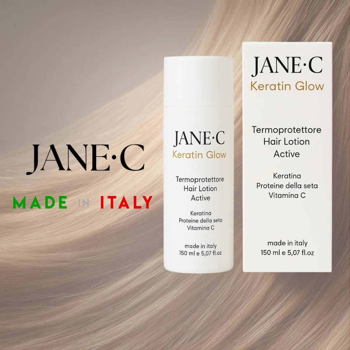 JANE•C Termoprotettore in crema | Ristrutturante Anti-crespo alla Cheratina e Vitamina C |Protegge da Piastra,Phon. Per Capelli Secchi, Danneggiati o Trattati–Senza risciacquo-150ml Made in Italy