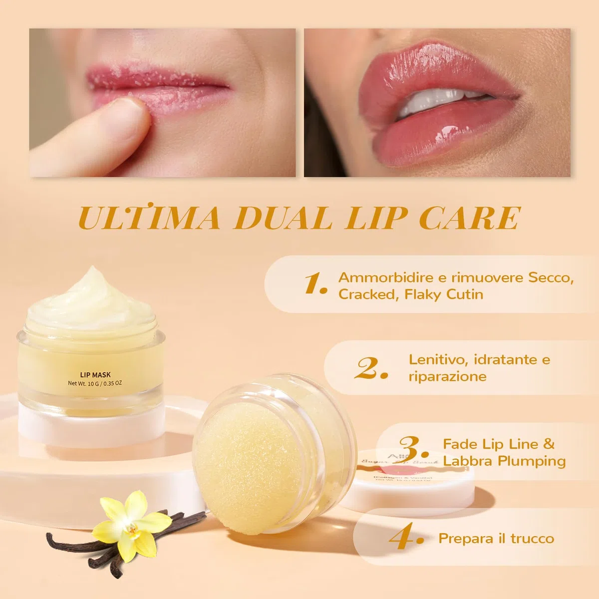 ANAiRUi Set di Maschere e Scrub per Le Labbra, Maschera per Labbra Addormentate Alla Vaniglia & Collagene, Scrub Esfoliante