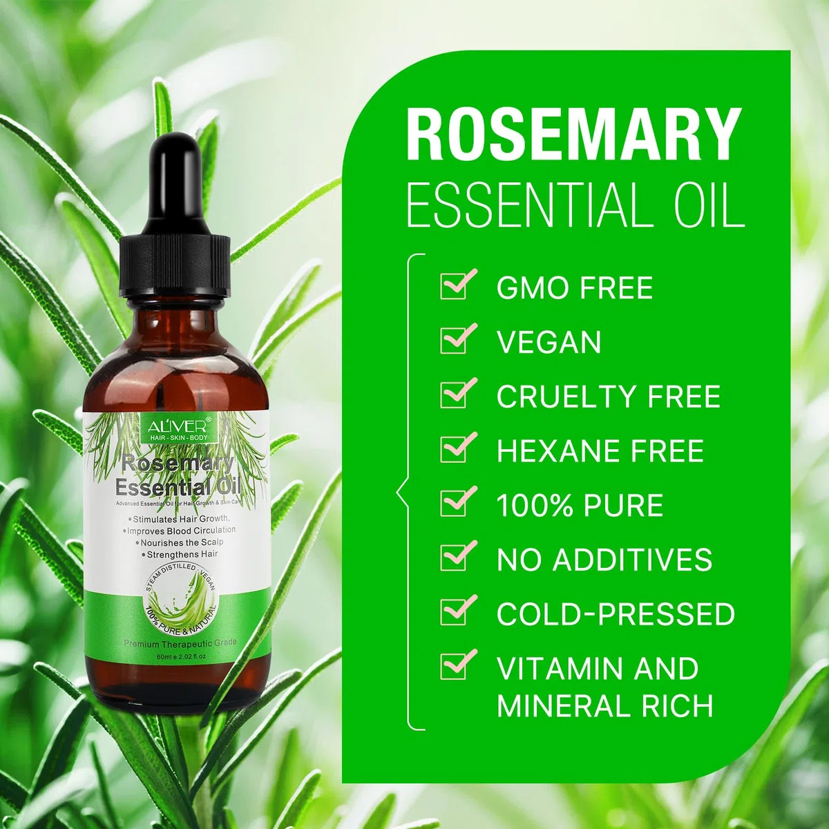 Olio di rosmarino per la crescita dei capelli 60ML - Premium naturale per la perdita di capelli secchi e danneggiati per donne e uomini con massaggiatore del cuoio capelluto in silicone