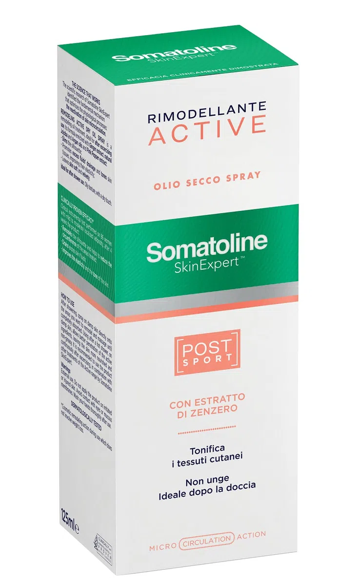 Somatoline SkinExpert, Rimodellante Active Olio Secco Spray Post-Sport, Trattamento Gambe Rimodellante, con Estratto di Zenzero, 125ml