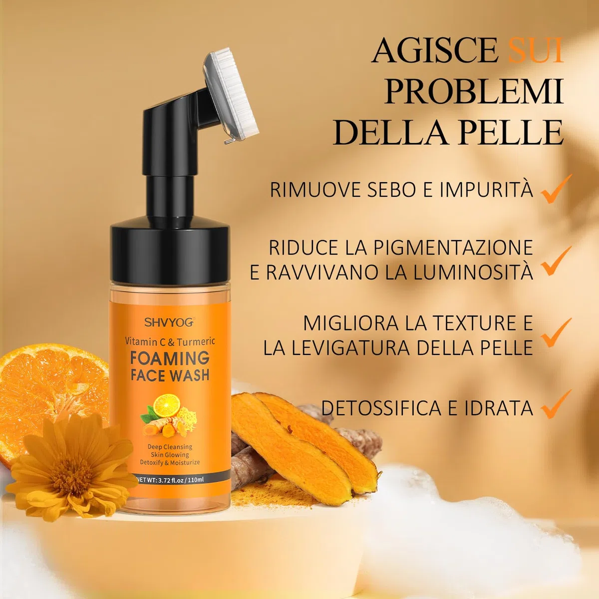 Vitamina C Curcuma Schiuma per la pulizia del viso con spazzola, pulizia della pelle, idratante, esfoliante viso curcuma contro macchie scure, tono della pelle irregolare