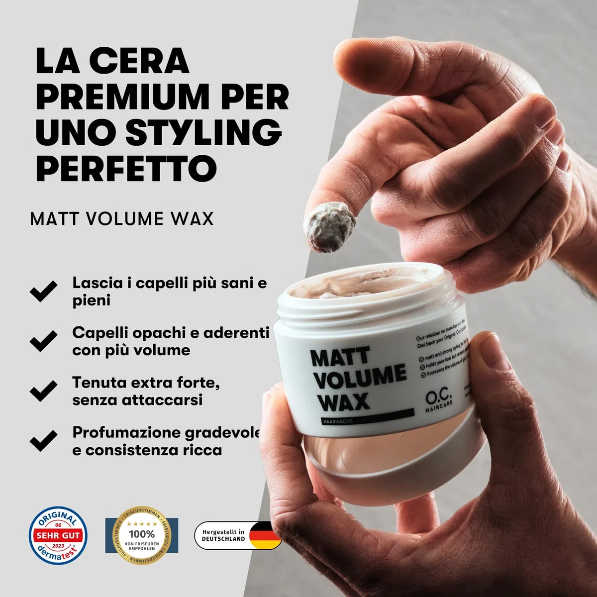 O.C. HAIRCARE Cera Matt Volumizzante – Cera per capelli con forte volume per uomini - 30 giorni di prova senza rischi - texture opaca, lucentezza sana e forte tenuta - non appiccica - ideale per