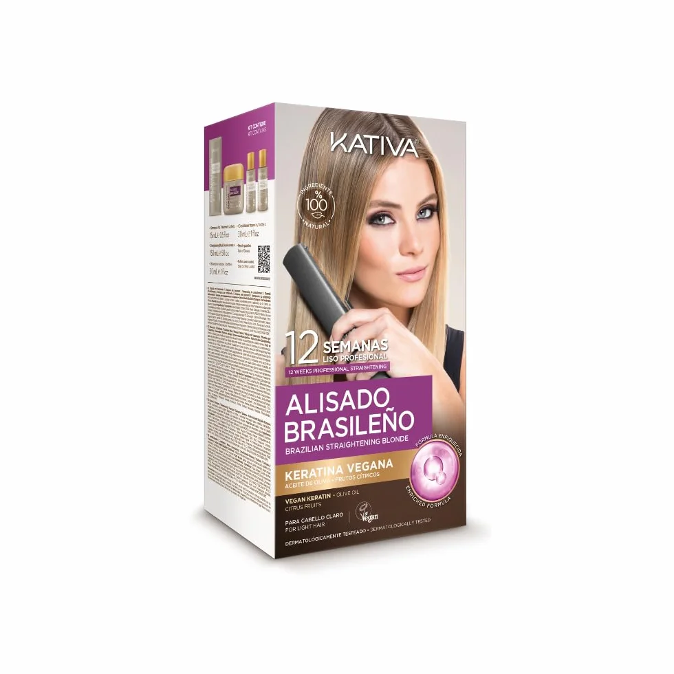 Kativa Kit lisciante brasiliano per capelli biondi tinti o con stoppini - Nuova formula con cheratina vegana - Trattamento lisciante professionale a casa - fino a 12 settimane di durata - Facile da