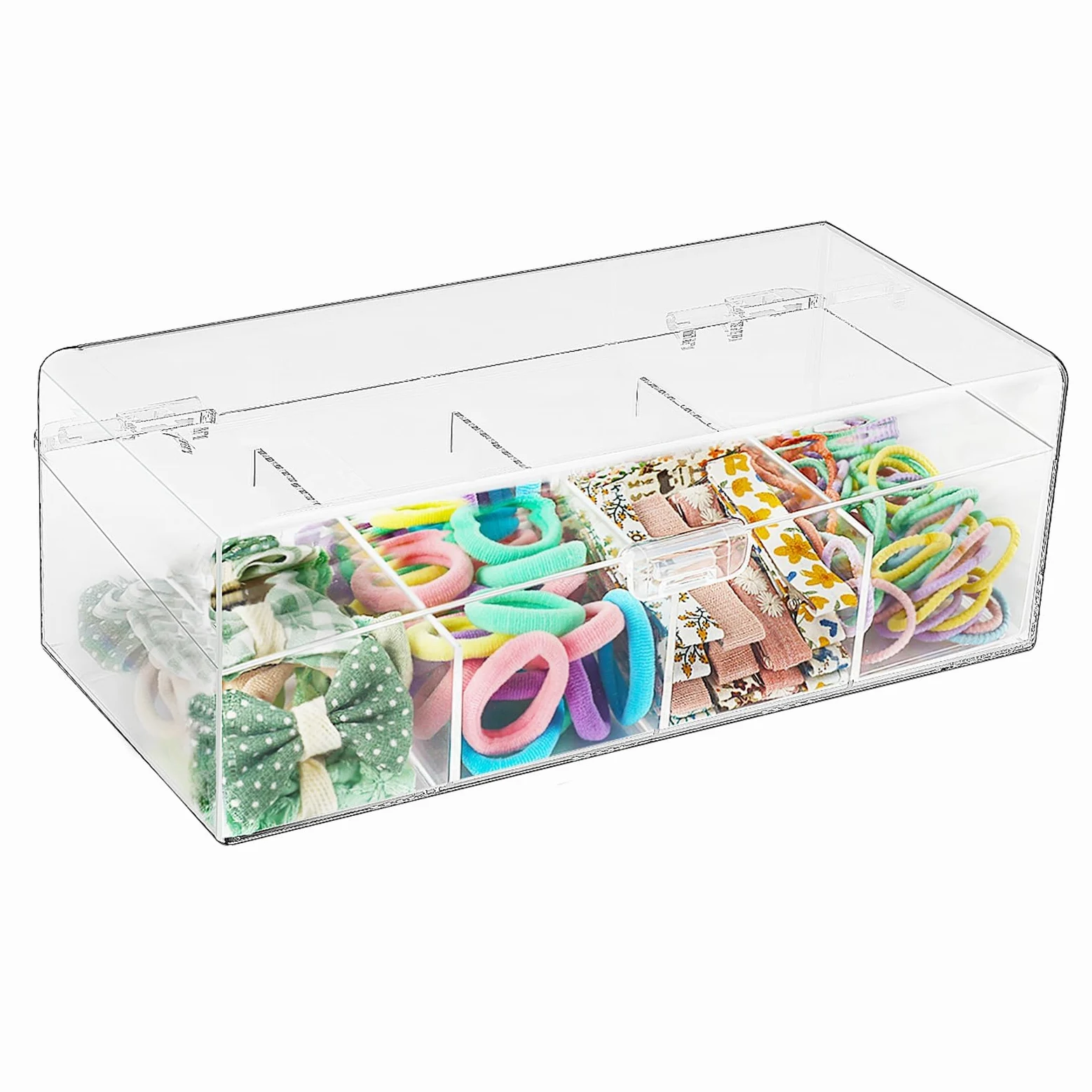 JessLab Porta Accessori Capelli per Ragazze, Scatola in Acrilico Trasparente con Divisori per Fermagli, Fiocchi Organizzatore Impilabile per Bagno Camera o Toeletta (4 Compartment)