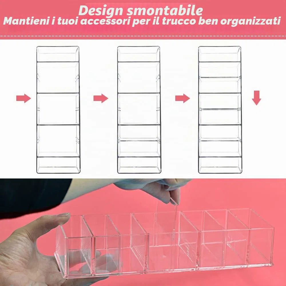 QINERSAW 2 Organizer per Trucchi 8 Scomparti in Acrilico Organizer Trucchi Trasparente Rimovibili Scatola Portaoggetti per Cosmetici per bagno, Camera da Letto (25.3 * 9 * 4.8CM)