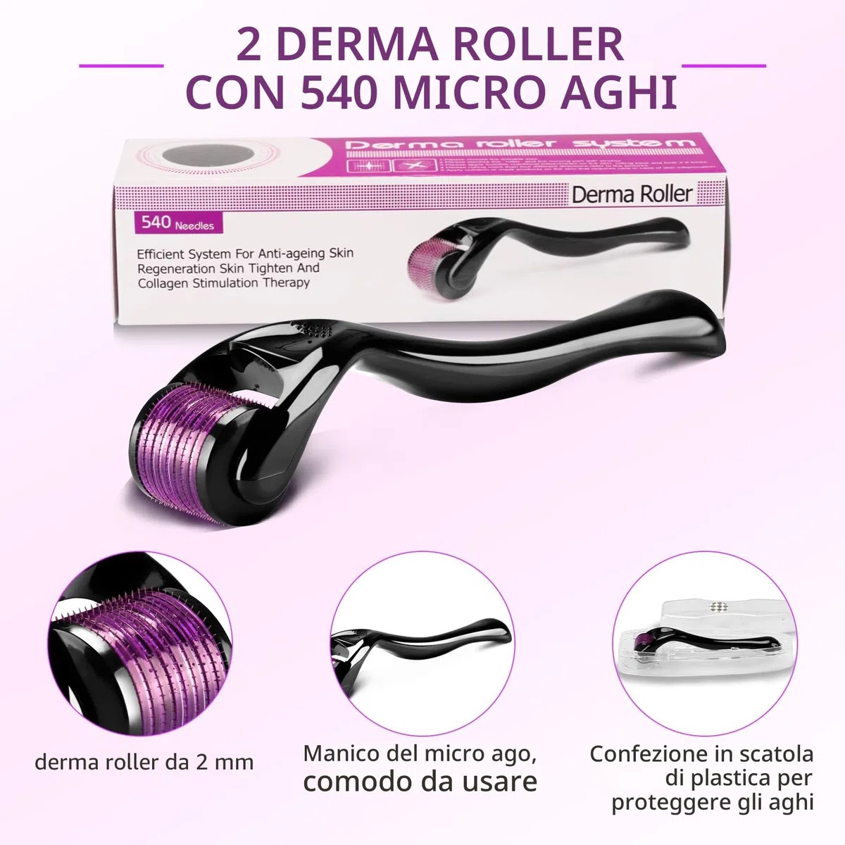 Derma Roller 0,5 mm 540-aghi Titanio Micro-ago Derma Rullo per Viso Pelle Ringiovanimento Anti-rughe Anti-invecchiamento Rigenerazione Della Pelle Perdita Capelli Acne Cicatrici Smagliature Viso Barba