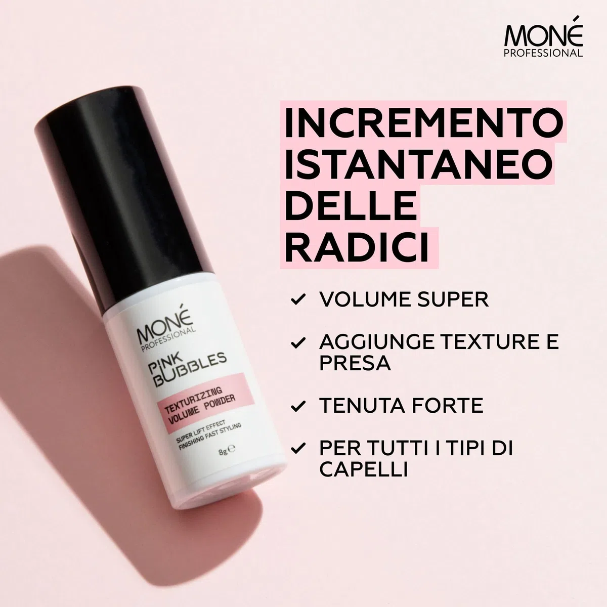 MONÉ PROFESSIONAL - Polvere Volumizzante Capelli Donna - Spray texturizzante a lunga durata - Effetto istantaneo - Con una leggera Fragranza di Vaniglia - 8 g
