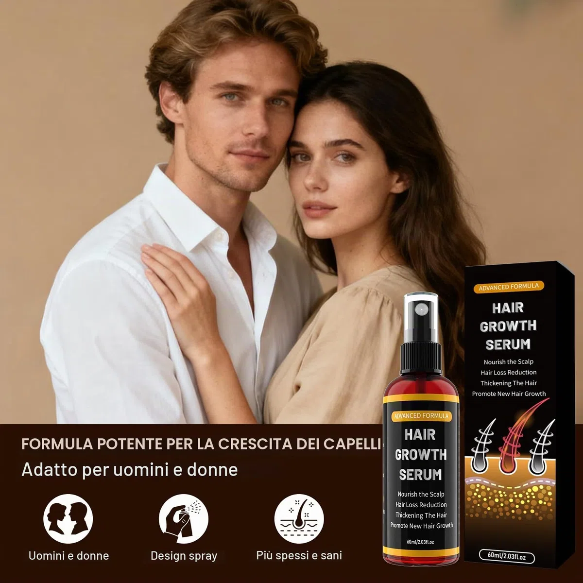Spray Siero per la Crescita dei Capelli per Uomo e Donna, Accelerare la Crescita dei Capelli, Anticaduta Capelli, con Olio di Rosmarino, Olio di Ricino (Castor Oil) e Biotina, 60 ml