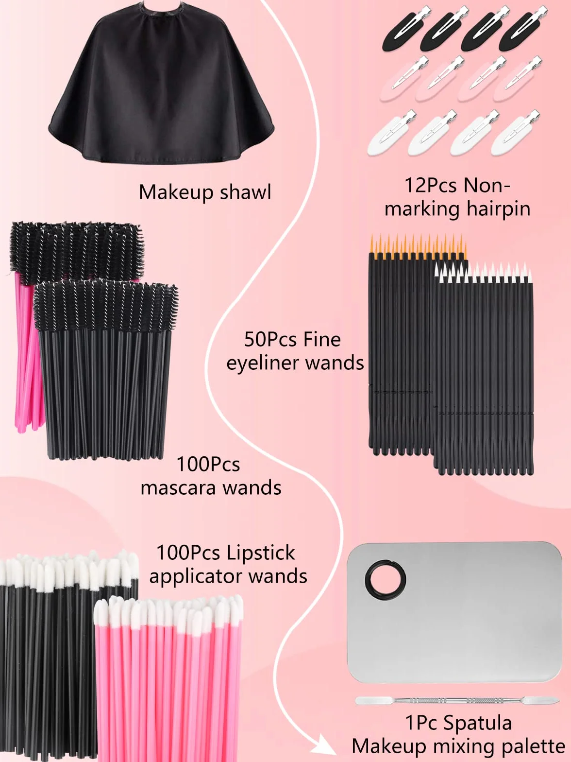 LIONVISON Applicatori di Trucco Usa e Getta, Palette di Miscelazione Trucco con Spatola e 262 PCS Pennello, Bacchette Mascara Lip Eyeliner Spazzole Capelli Clip