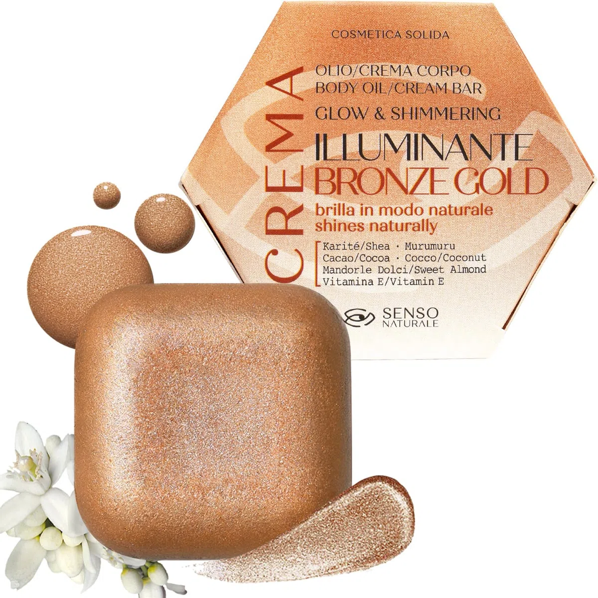 Senso Naturale Olio Illuminante Corpo Solido Bronze Gold Crema Abbronzante Corpo con Brillantini Shimmer Glitter, Idratante Nutriente Profumata Neroli, Vitamina E, Burro di Karitè, Naturale Vegano