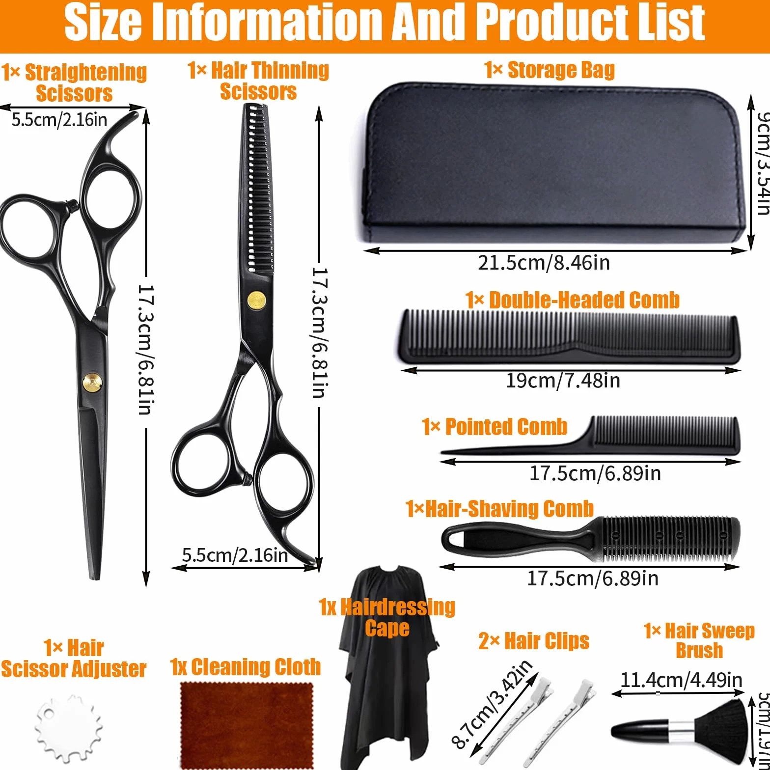 12 Pezzi Set Forbici Parrucchiere con Pettine, Mantello, Clip, Forbici Capelli Salone Professionali, Forbici Sfoltire Capelli Acciaio Inox Domestico, Forbice per Barbiere, Uomini, Donne, Bambini(Nero)