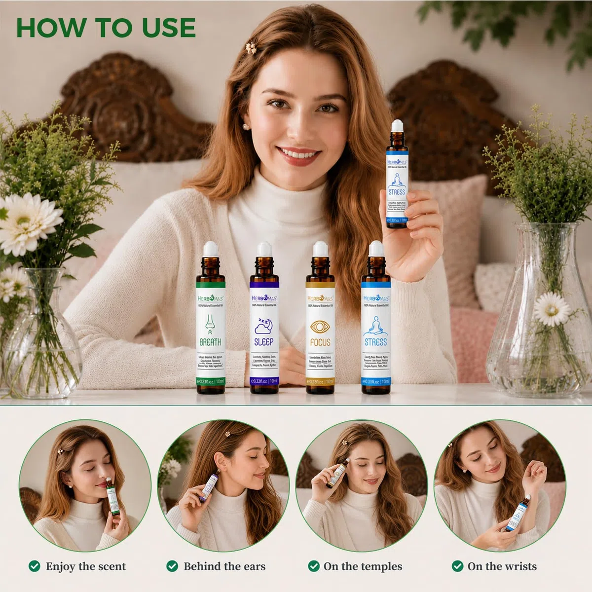 Set di roll on con oli essenziali di aromaterapia HERBROMAS, miscele naturali già diluite per l'uso sulla pelle, regalo rilassante per donne e uomini, confezione da 4 x10ml.