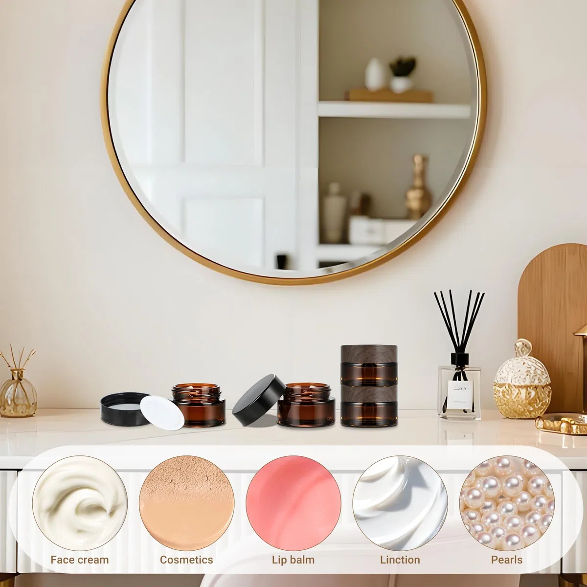 Set di 12 barattoli di vetro marrone da 20 ml con tappo a vite con inserto spatola ed etichette per cosmetici crema oli e unguenti contenitori da viaggio (Effetto Legno)