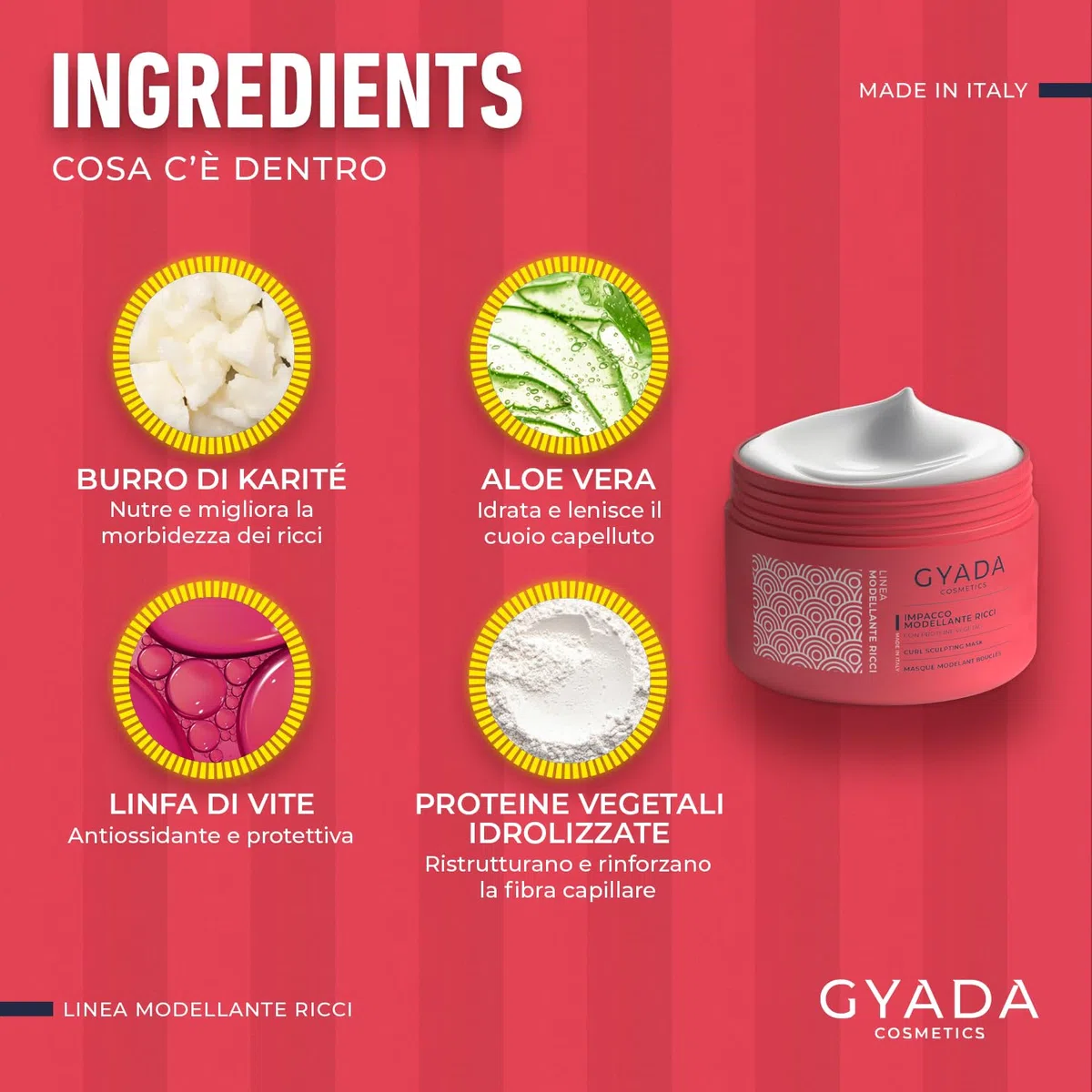 GYADA COSMETICS, Impacco Modellante Ricci, per Capelli Sfibrati e Crespi, Aumenta Tenuta Riccio, Intensa Azione Districante ed Elasticizzante, con Proteine Vegetali Idrolizzate e Linfa di Vite, 250 ml