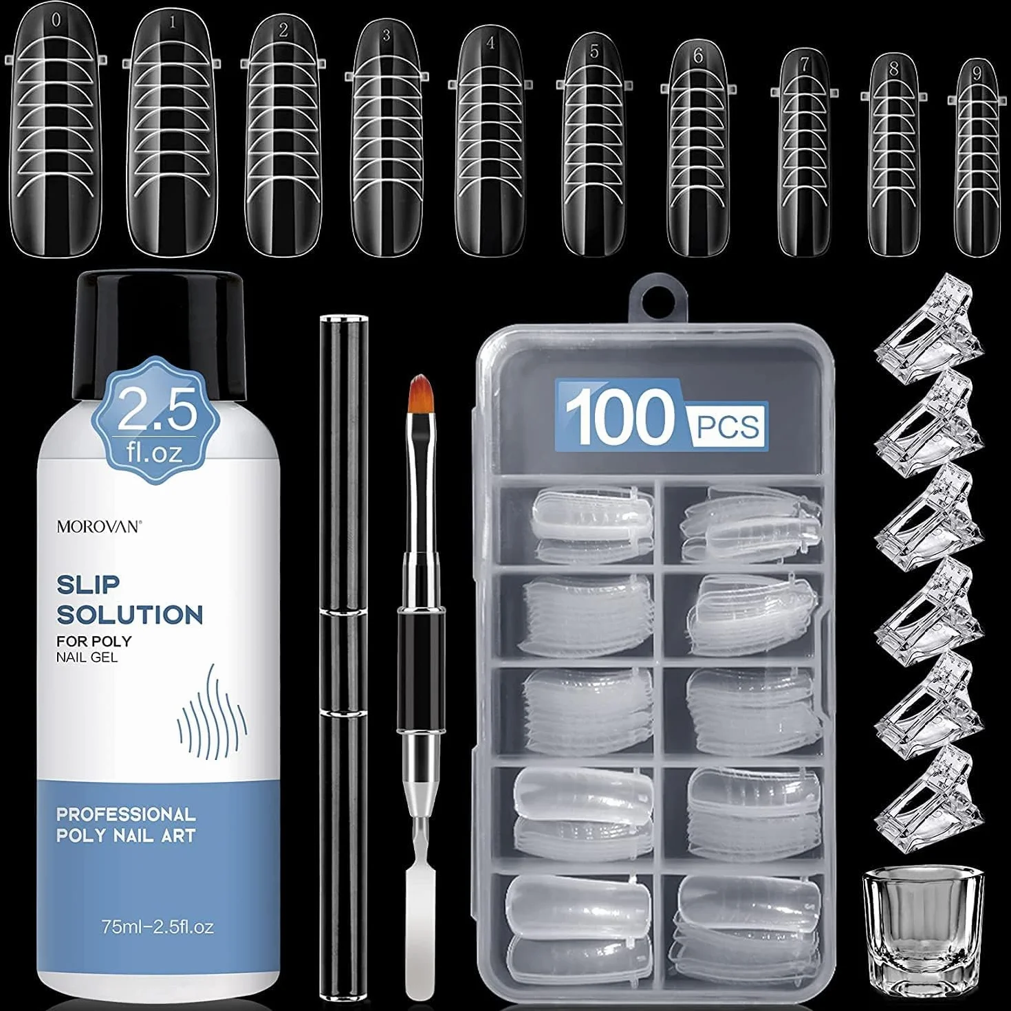 Morovan Slip Solution Anti-Stick per Estensioni Unghie Poly Gel con Pennelli, Clip Crystal Cup per Nail Art Kit Fai Da Te a Casa Trasparente