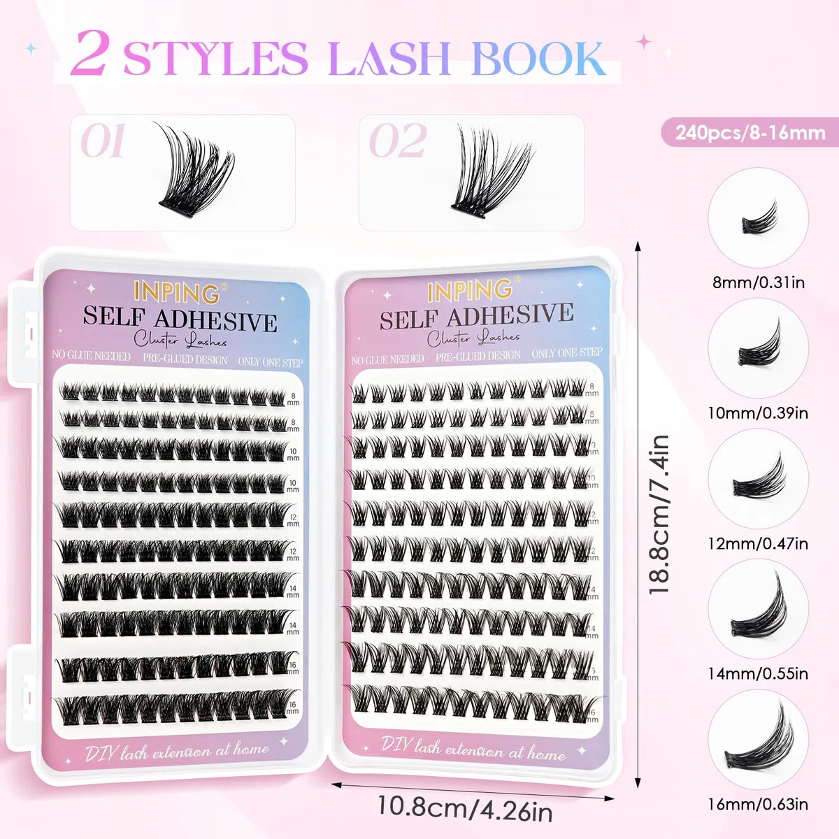 INPING Ciglia Finte Autoadesive, 2 Modelli Kit Extension Ciglia Fluffy Volume Lashes, Ciglissime Press e Go kit con Pinzette per Principianti DIY Lash Senza Colla 8-16mm