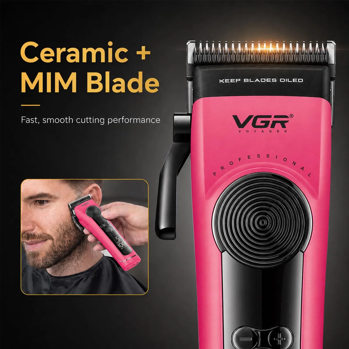 VGR 199 Tagliacapelli professionale senza fili per uomo, 5 velocità, display a LED, ricaricabile con base di ricarica e 6 pettini guida – Kit da barbiere per la casa, rosa