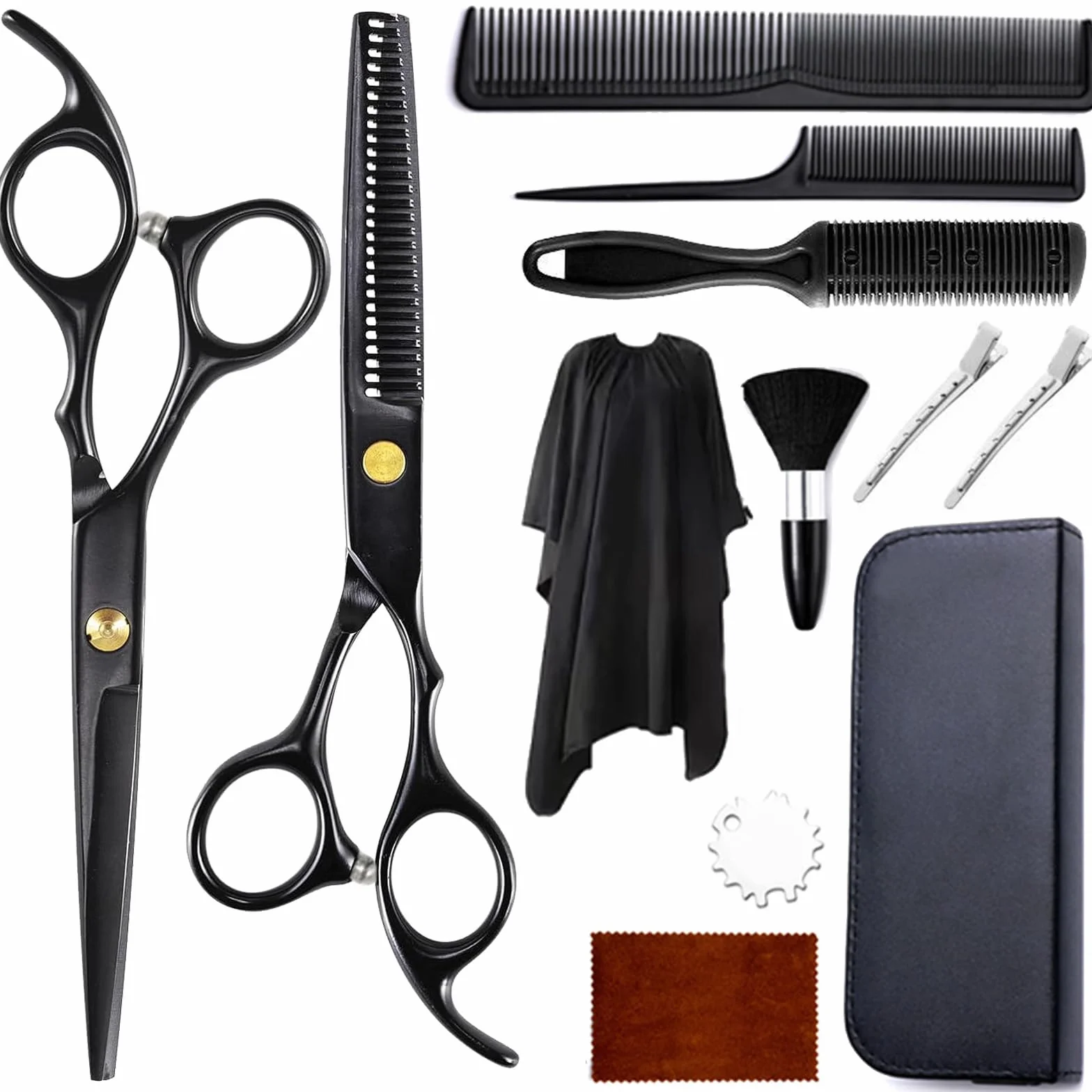 12 Pezzi Set Forbici Parrucchiere con Pettine, Mantello, Clip, Forbici Capelli Salone Professionali, Forbici Sfoltire Capelli Acciaio Inox Domestico, Forbice per Barbiere, Uomini, Donne, Bambini(Nero)