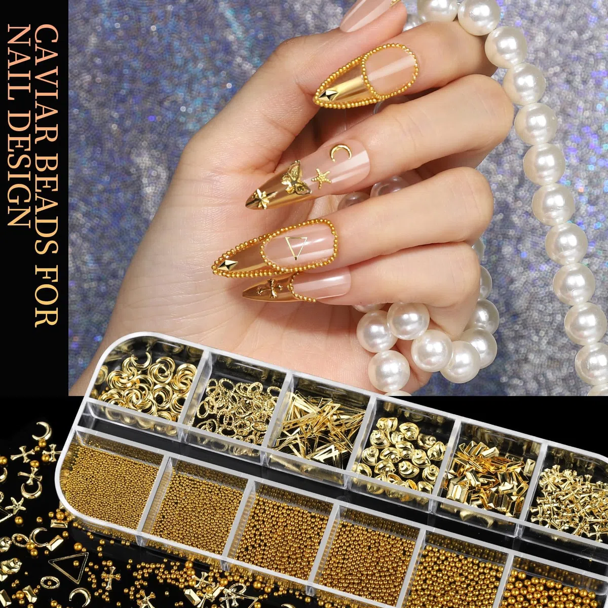 Charms dorati per unghie, strass 3D, set di 4 scatole con perle e gemme, accessori nail art per donne e ragazze.
