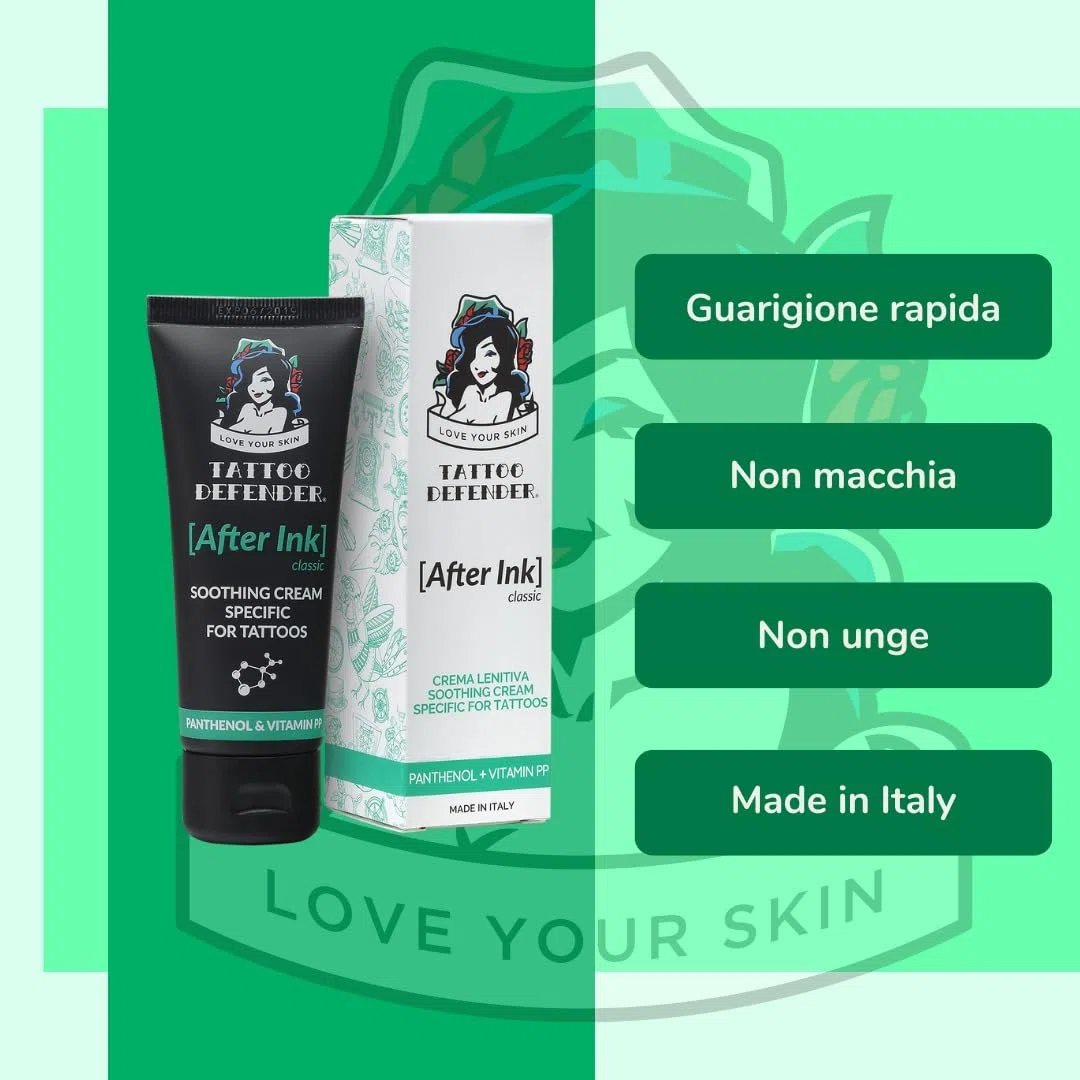 Tattoo Defender - After Ink Classic 50ml - Crema Lenitiva Ed Idratante Per La Cura E La Guarigione Dei Tatuaggi - Con Acido Ialuronico -Non Macchia E Non Unge - Dermatologicamente Testata