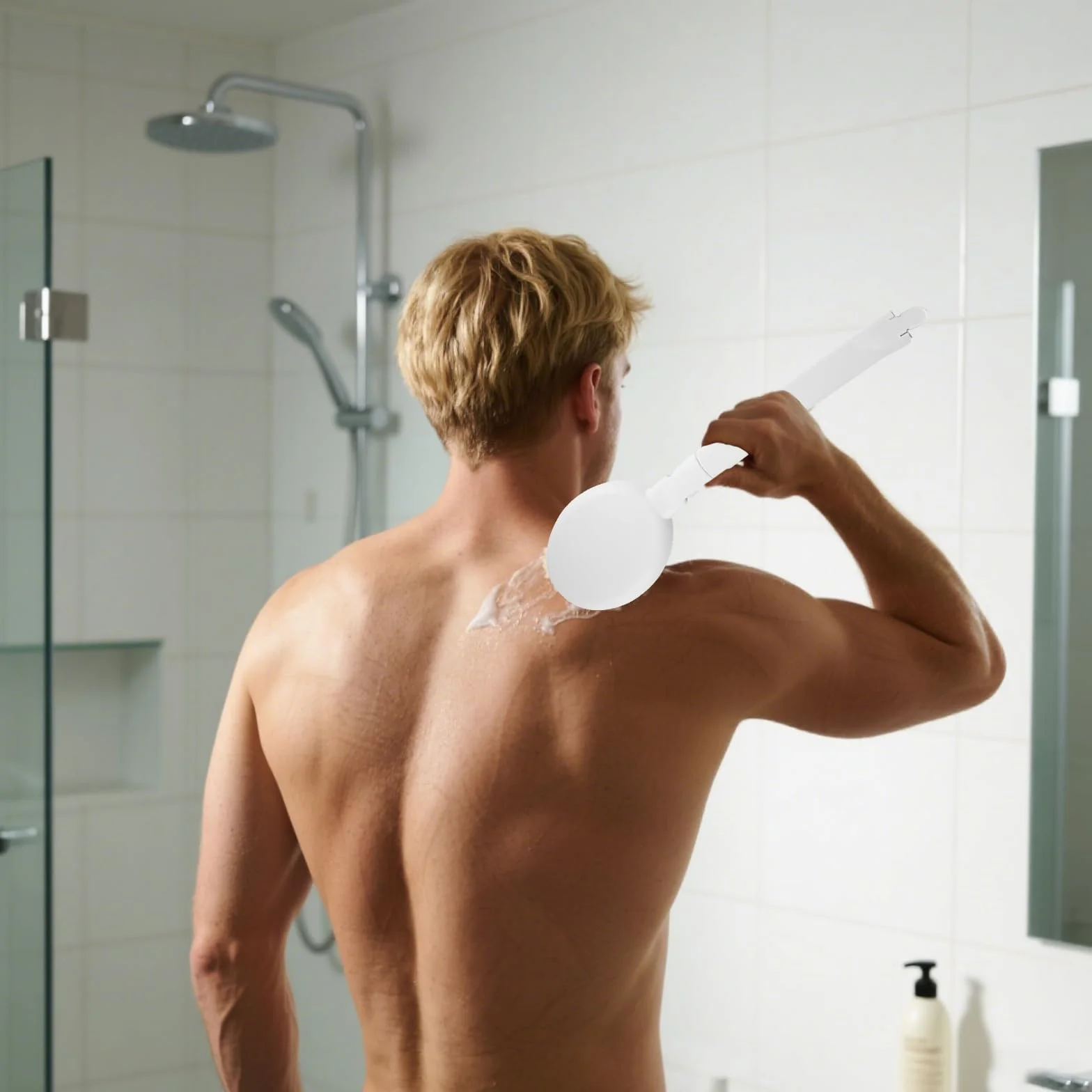 3 in 1 Spazzola per la schiena Doccia, con manico lungo pieghevole, applicatore per lozione da doccia, con testine intercambiabili (spugna, nylon, pietra pomice)