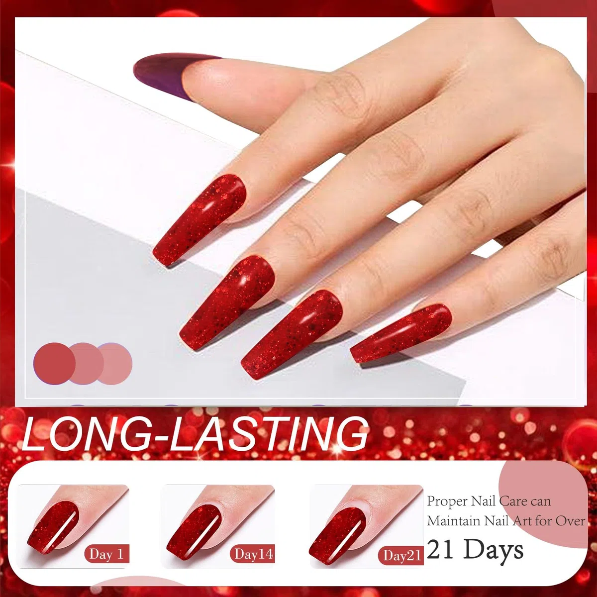 Honey Joy - Set di 6 polveri per immersione in polvere glitterate, collezione classica rossa, per nail art, manicure, saloni fai da te, regali per la casa, per donne, non necessita di lampada per