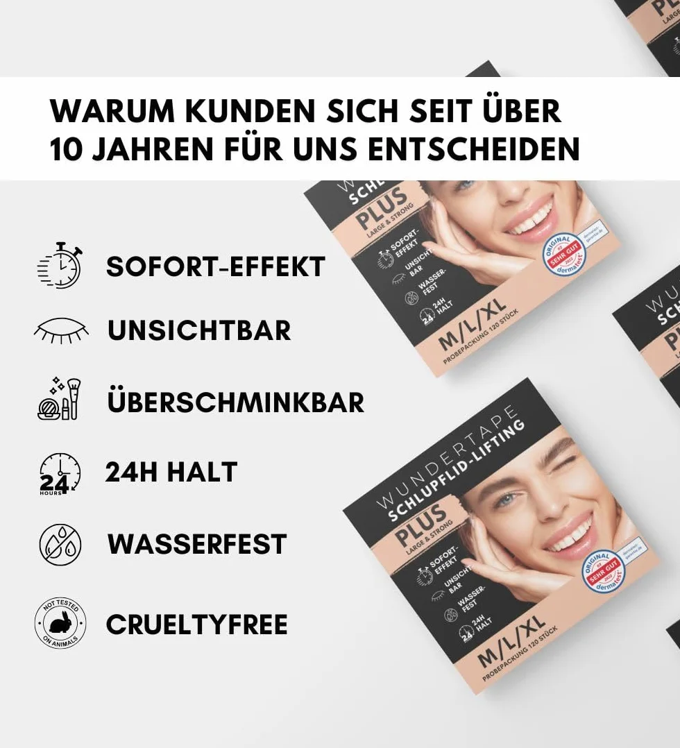 WUNDERTAPE Strisce adesive trasparenti & Strong per lifting delle palpebre senza chirurgia. (impermeabile, tenuta 24 ore, doppio nastro per lifting delle palpebre) (120 M + L + XL)
