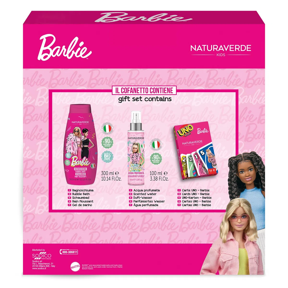 BARBIE | Gift Set Carte UNO, Cofanetto Bagnoschiuma da 300 ml, Acqua Profumata 100 mll e Set Carte da Gioco UNO