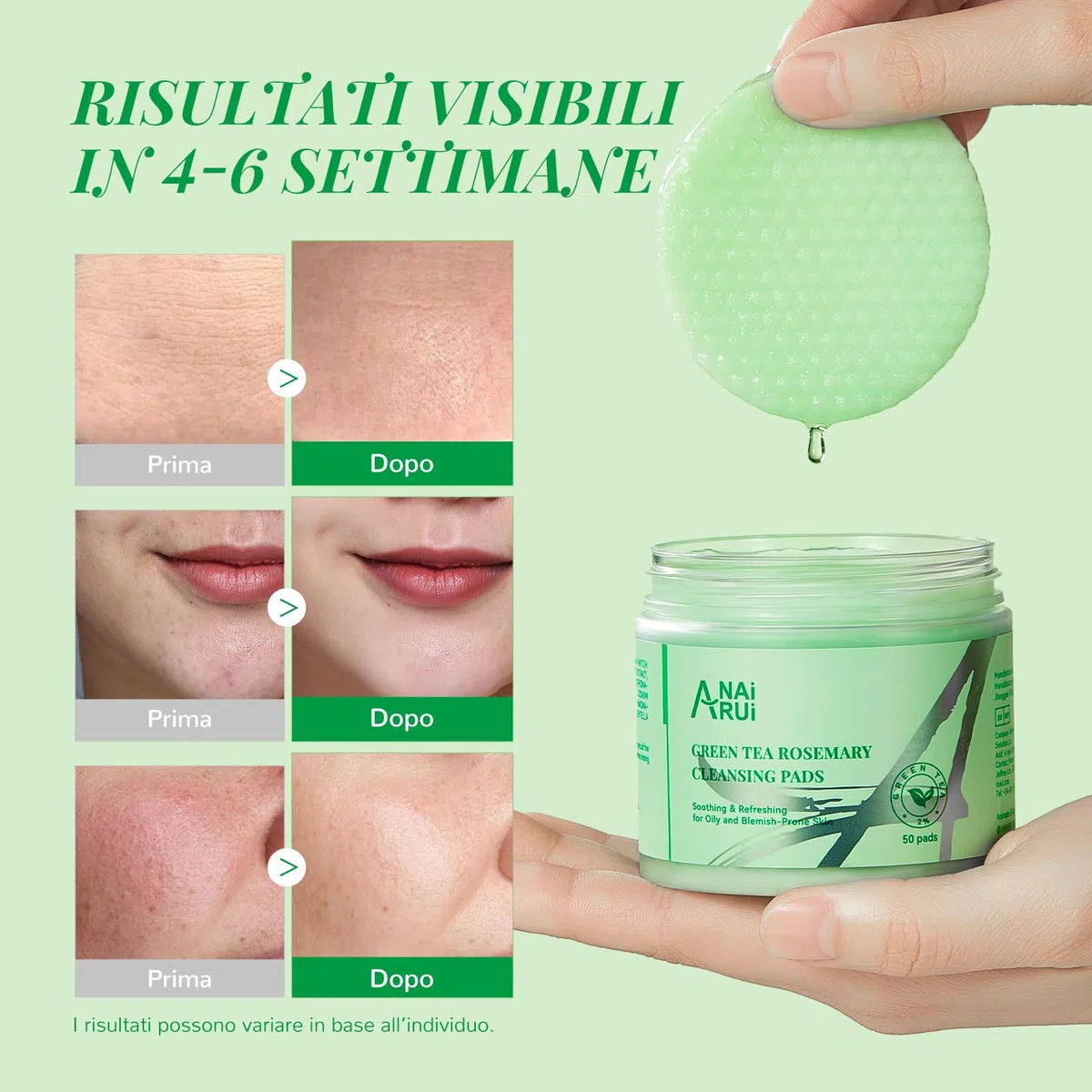 ANAiRUi Dischetti Detergenti al Tè Verde e Rosmarino, Dischetti Detergenti Viso e Corpo, Esfolianti e Struccanti, 50 Pezzi