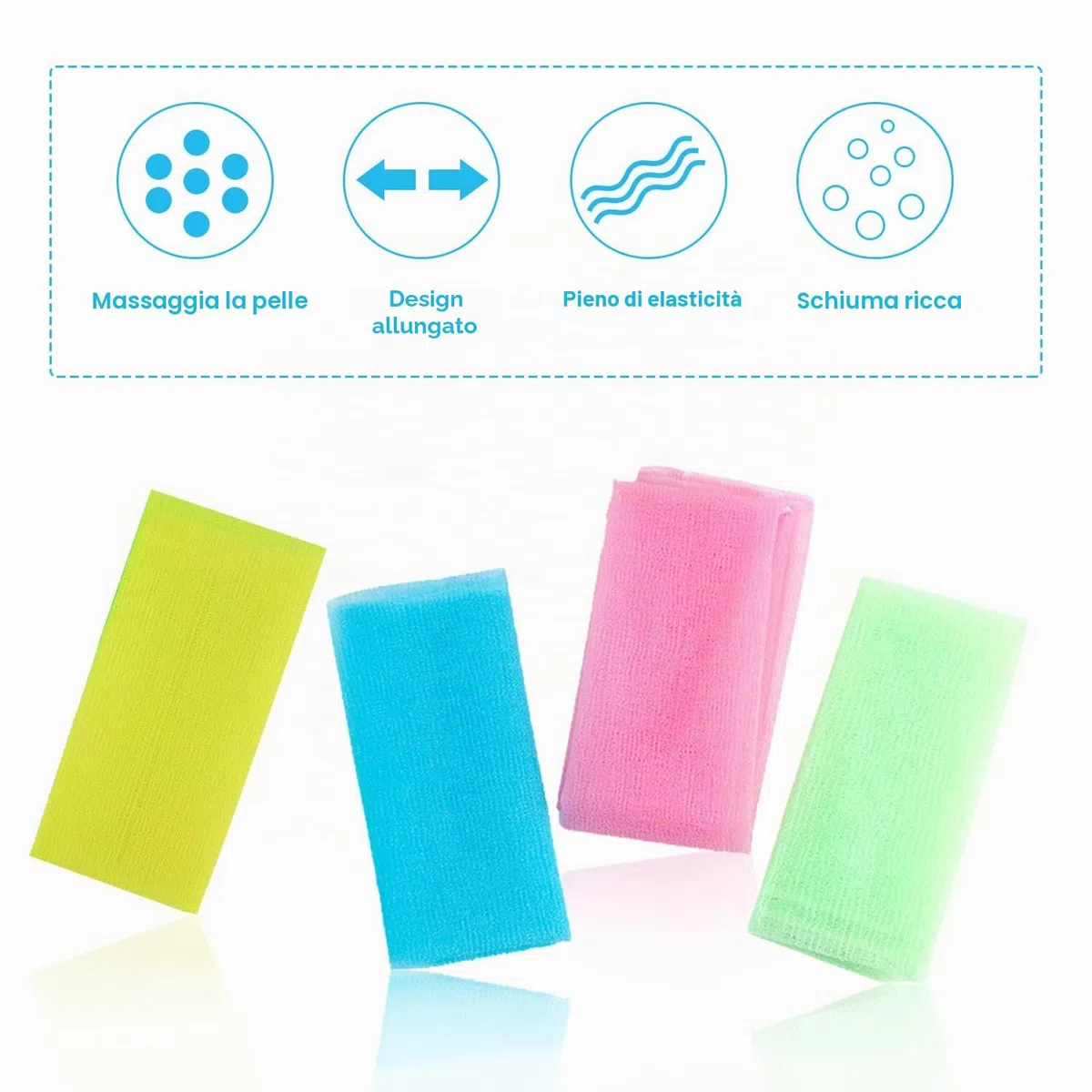 VIKSAUN 4 Pezzi Nylon Multicolore Giapponese Esfoliante Spugna da Doccia, Scrubber Spugna Da Bagno Esfoliante per Uomini Donne Accessori per Pulizia（4 pcs）