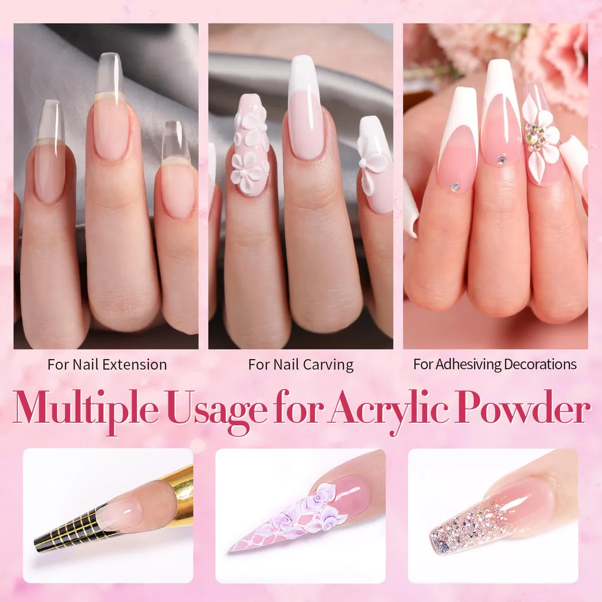 BORN PRETTY Set di Polveri Acriliche per Unghie, 30ml di Polvere Acrilica per Unghie Colore Bianco Rosa Chiaro e Liquido 60 ml di Acrilico liquido, Kit con 5 Pezzi Pennello Acrilico