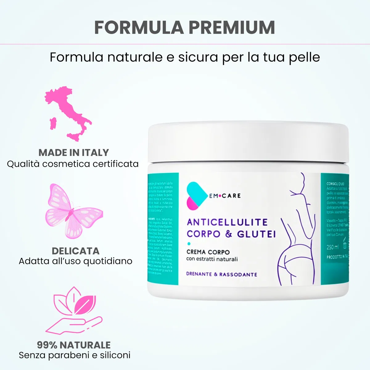 EM CARE Crema Anticellulite Forte Drenante e Rassodante per Cosce, Glutei e Corpo – Con Caffeina, Guaranà, Ananas e Ippocastano – Azione Tonificante e Microcircolazione – Made in Italy – 250 ml
