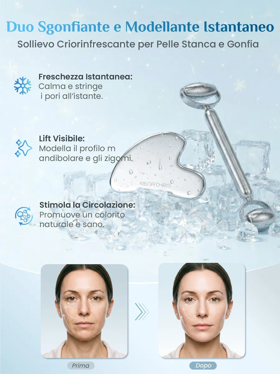 Rena Chris Gua Sha e Rullo in Acciaio Inox per il Viso, Massaggiatore Lifting e Guasha Viso, Scolpire la Mascella e Ridurre le Borse, Idea Regalo Perfetta, Bellezza e Skin Care Kit(Argento)