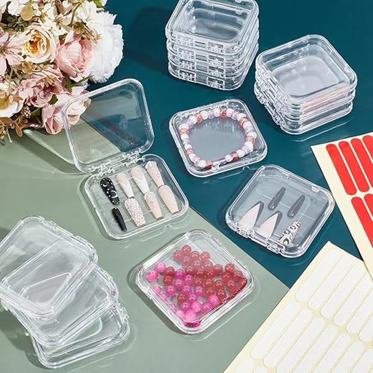 Scatola per Gioielli in Acrilico, Organizzatore Unghie in Acrilico, Transparent Unghie False Organizer, Include 30 Pezzi Adesivi 3D per Unghie, per Unghie, Gioielli, Artigianato